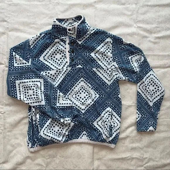 O'NEILL BLUE AND WHITE DIAMOND BATIK 1/4 SNAP FLEECE JACKET - Picture 4 of 6